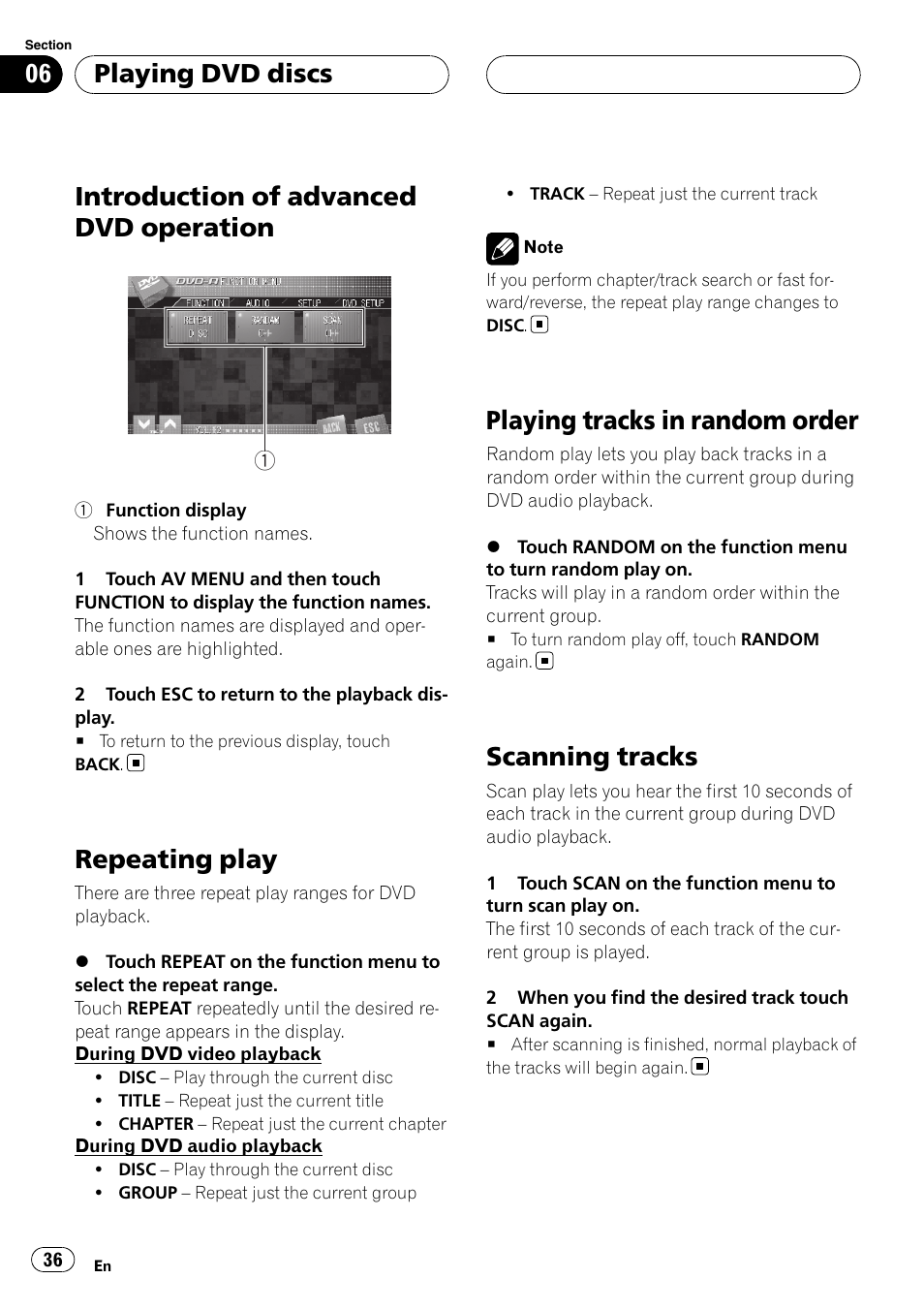 Introduction of advanced dvd operation, Repeating play, Playing tracks in random order | Scanning tracks, Playing dvd discs | Pioneer AVH-P7800DVD User Manual | Page 36 / 131