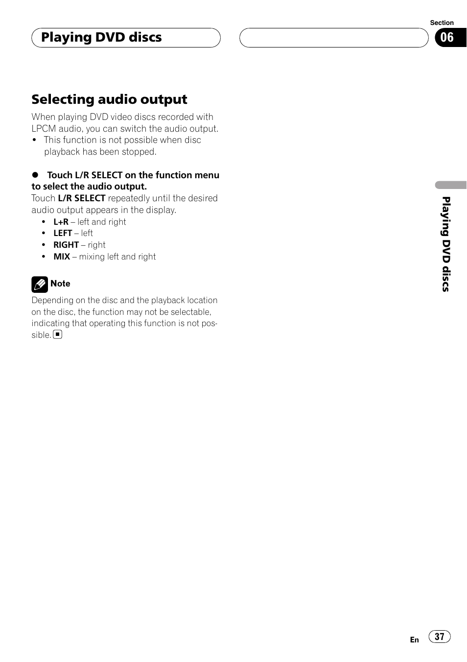Selecting audio output, Playing dvd discs | Pioneer AVH-P7800DVD User Manual | Page 37 / 131