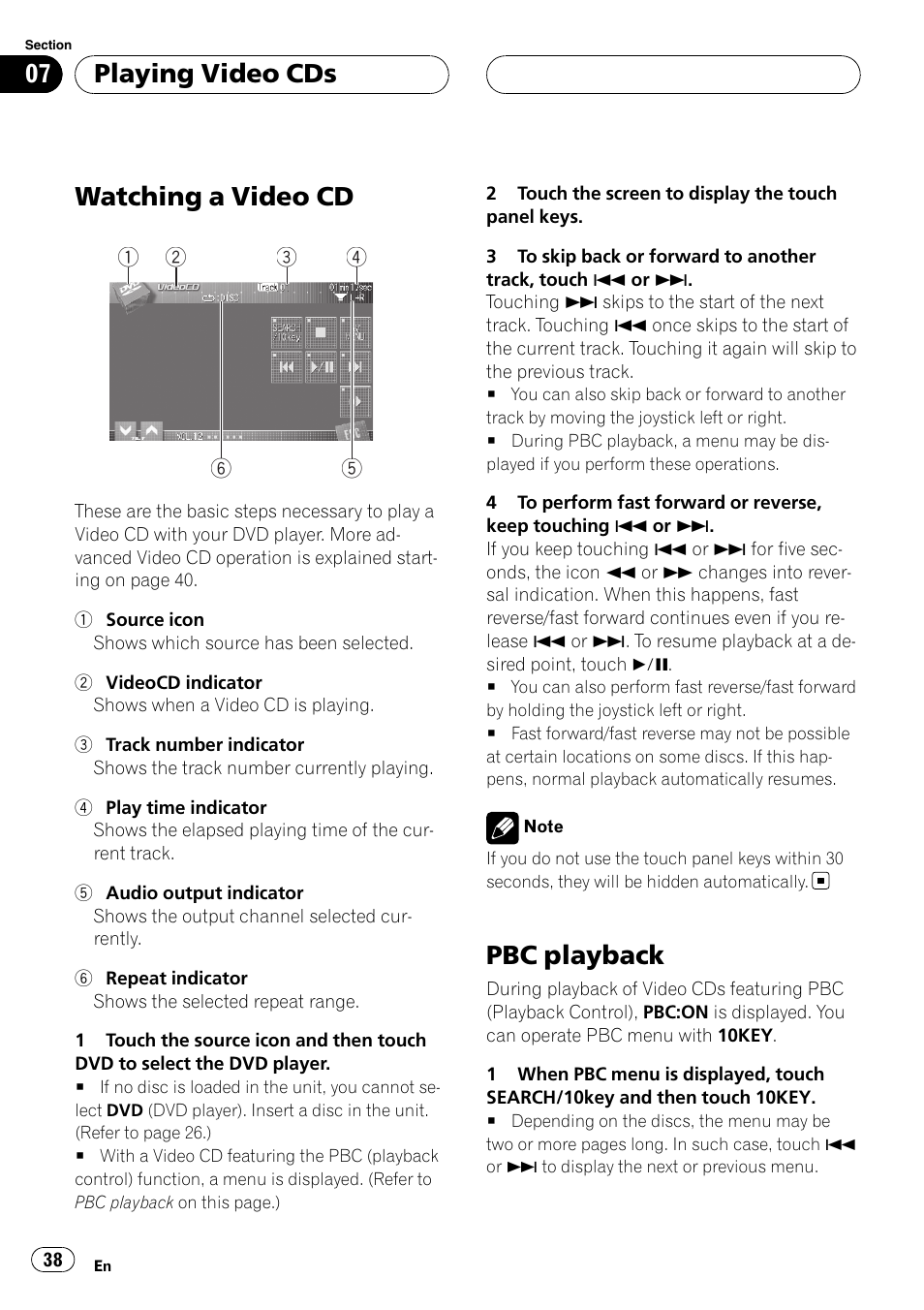 Playing video cds watching a video cd, Pbc playback, Watching a video cd on | Watching a video cd, Playing video cds | Pioneer AVH-P7800DVD User Manual | Page 38 / 131
