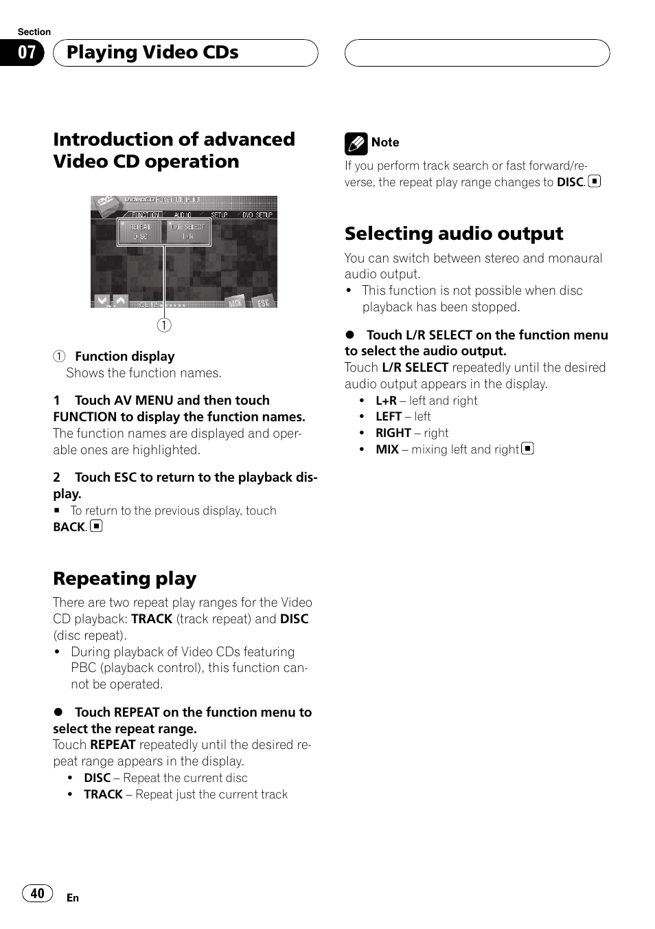 Introduction of advanced video cd, Operation, Repeating play | Selecting audio output, Introduction of advanced video cd operation, Playing video cds | Pioneer AVH-P7800DVD User Manual | Page 40 / 131