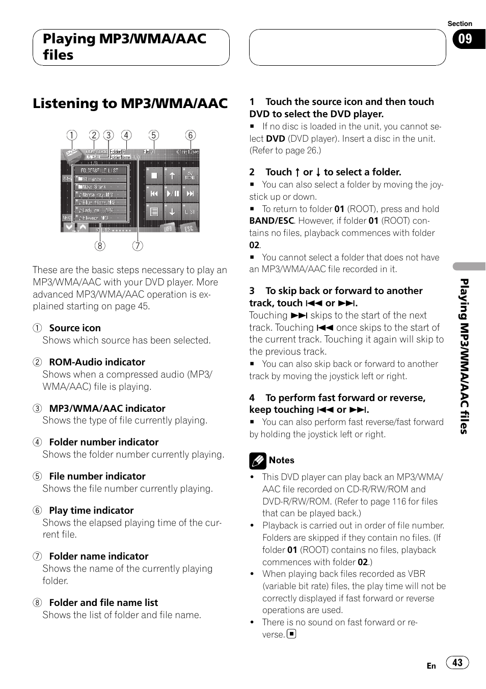 Playing mp3/wma/aac files listening to mp3/wma/aac, Listening to mp3/wma/aac, Playing mp3/wma/aac files | Pioneer AVH-P7800DVD User Manual | Page 43 / 131