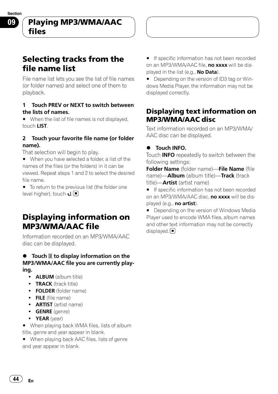 Selecting tracks from the file name list, Displaying information on mp3/wma/aac, File | Displaying information on mp3/wma/aac file, Playing mp3/wma/aac files, Displaying text information on mp3/wma/aac disc | Pioneer AVH-P7800DVD User Manual | Page 44 / 131