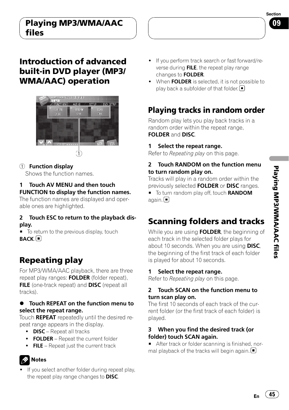 Introduction of advanced built-in dvd player, Mp3/wma/aac) operation, Repeating play | Playing tracks in random order, Scanning folders and tracks, Playing mp3/wma/aac files | Pioneer AVH-P7800DVD User Manual | Page 45 / 131