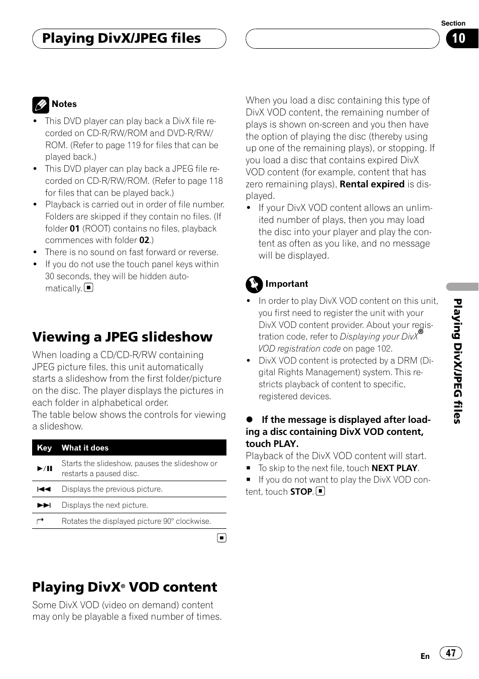 Viewing a jpeg slideshow, Playing divx® vod content, Playing divx | Vod content, Playing divx/jpeg files | Pioneer AVH-P7800DVD User Manual | Page 47 / 131