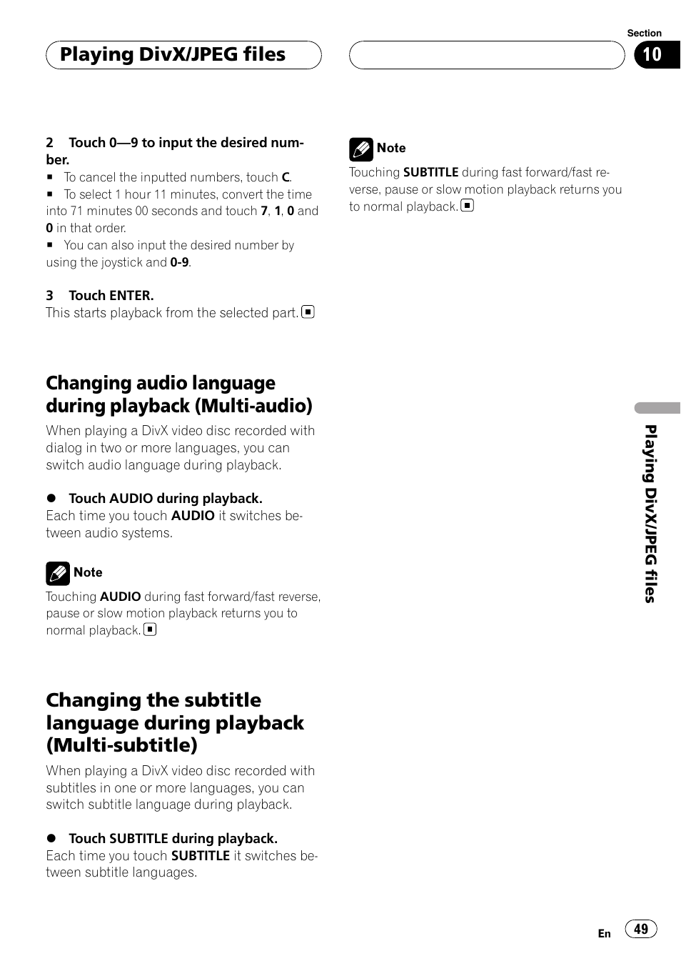Changing audio language during playback, Multi-audio), Changing the subtitle language during | Playback (multi-subtitle), Playing divx/jpeg files | Pioneer AVH-P7800DVD User Manual | Page 49 / 131