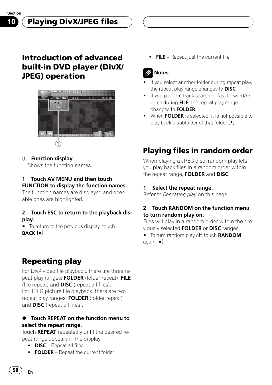 Introduction of advanced built-in dvd player, Divx/jpeg) operation, Repeating play | Playing files in random order, Playing divx/jpeg files | Pioneer AVH-P7800DVD User Manual | Page 50 / 131