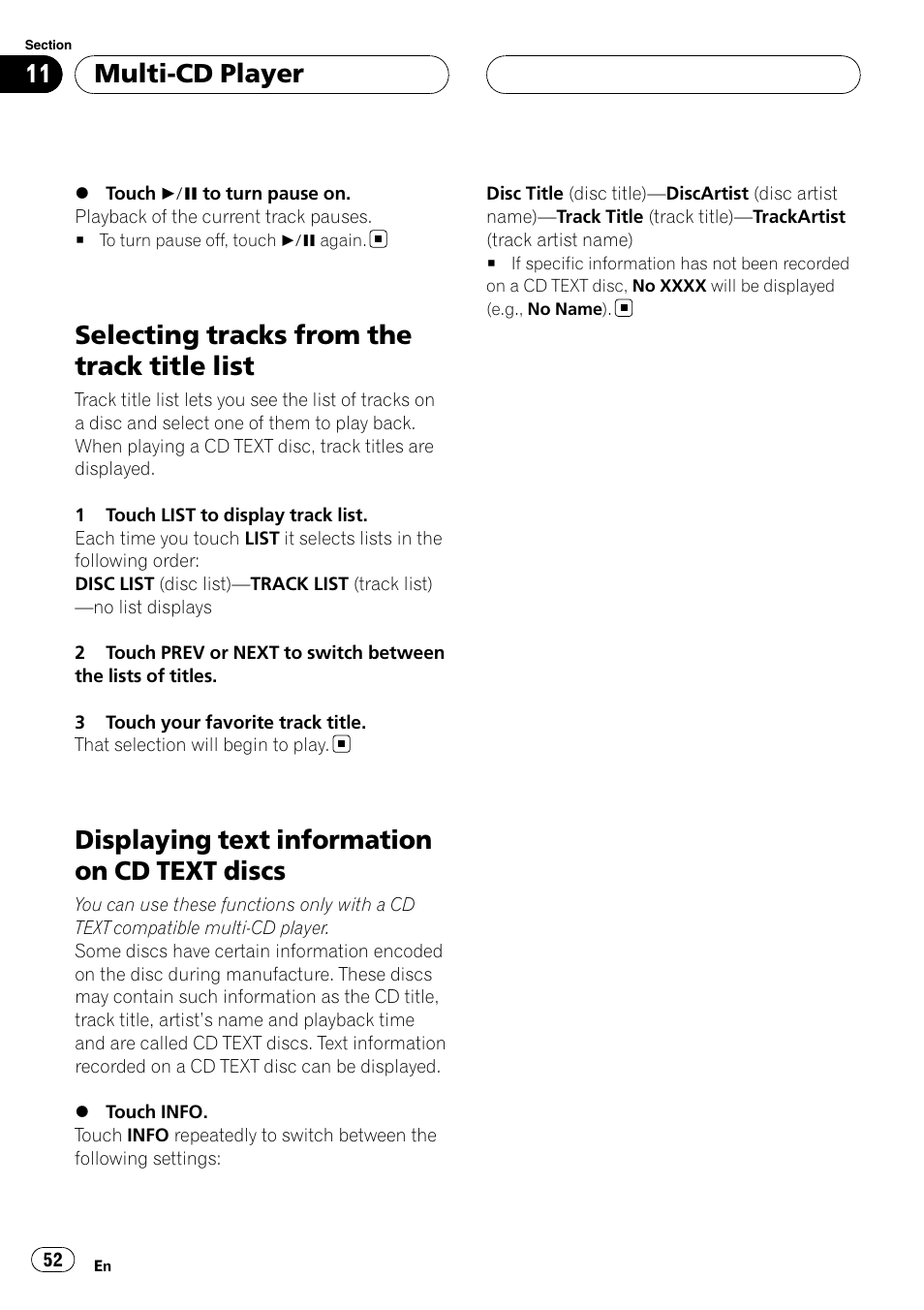 Selecting tracks from the track title list, Displaying text information on cd text, Discs | Displaying text information on cd text discs, Multi-cd player | Pioneer AVH-P7800DVD User Manual | Page 52 / 131