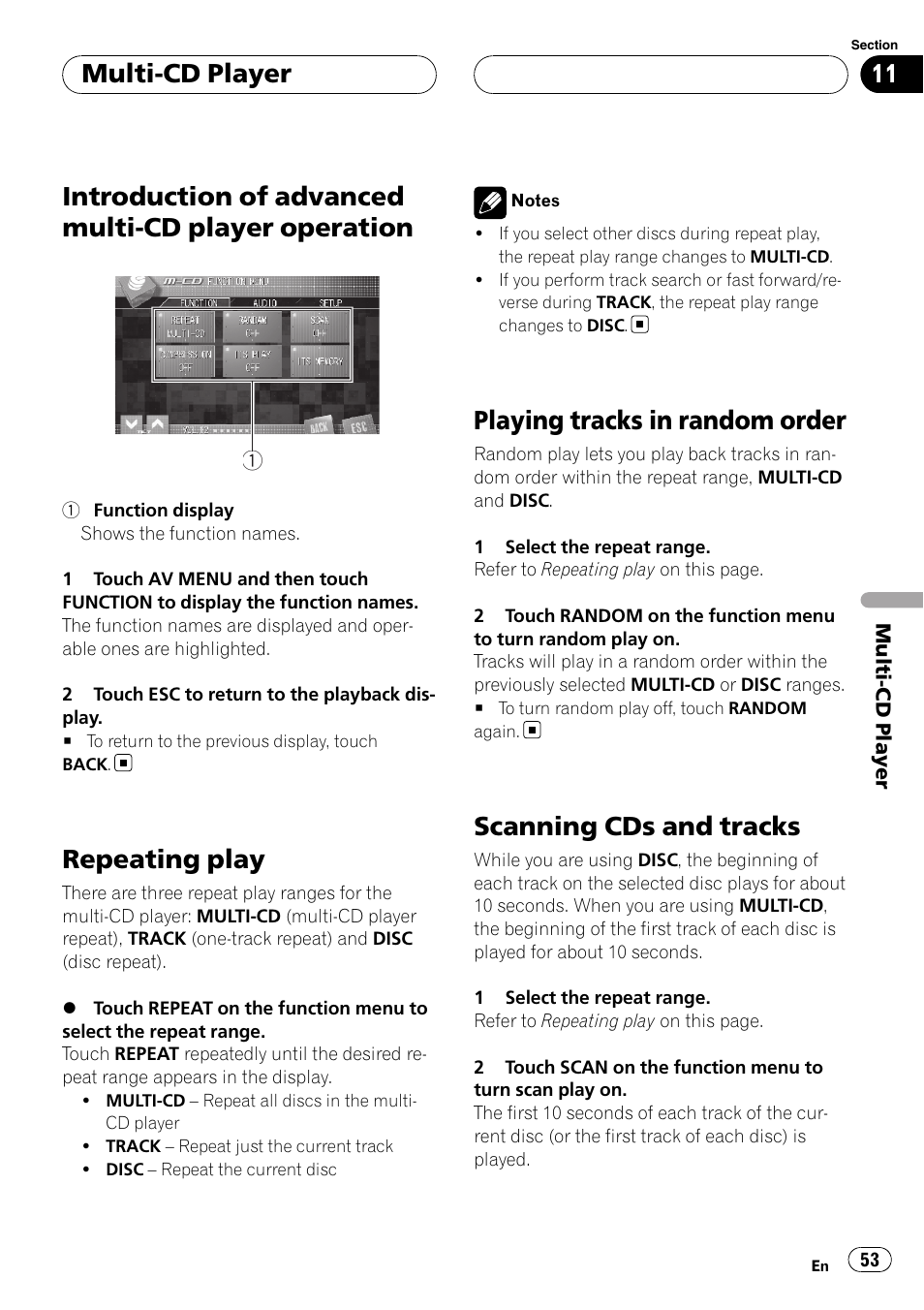 Introduction of advanced multi-cd player, Operation, Repeating play | Playing tracks in random order, Scanning cds and tracks, Introduction of advanced multi-cd player operation, Multi-cd player | Pioneer AVH-P7800DVD User Manual | Page 53 / 131
