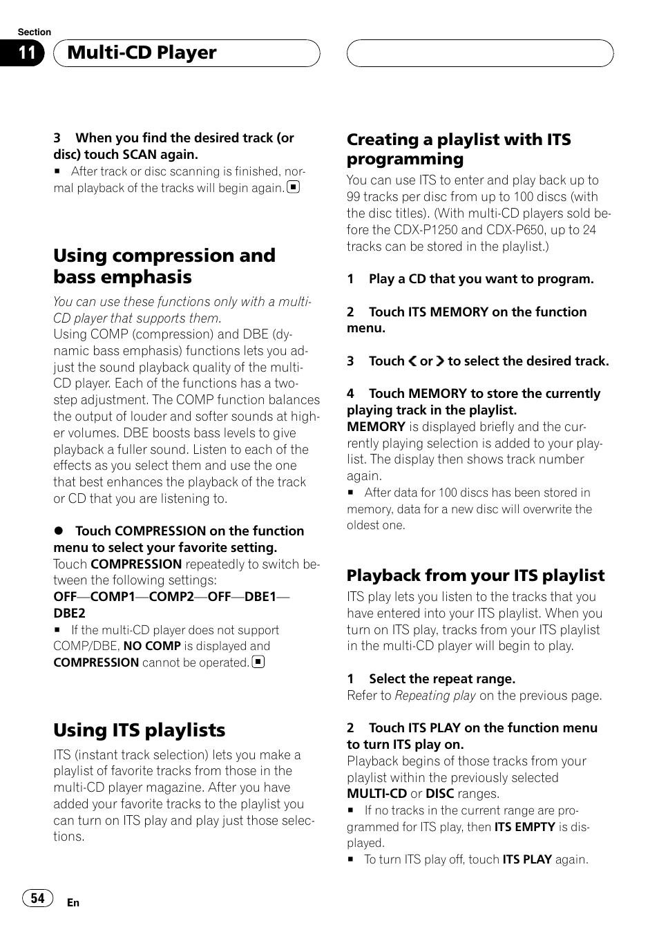 Using compression and bass emphasis, Using its playlists, Multi-cd player | Creating a playlist with its programming, Playback from your its playlist | Pioneer AVH-P7800DVD User Manual | Page 54 / 131