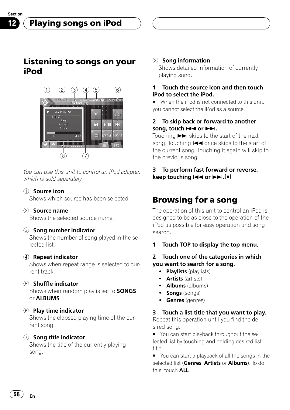 Browsing for a song, Listening to songs on your ipod, Playing songs on ipod | Pioneer AVH-P7800DVD User Manual | Page 56 / 131