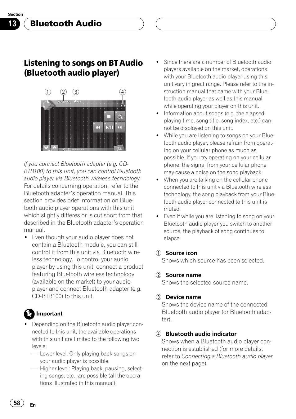 Audio player), Bluetooth audio | Pioneer AVH-P7800DVD User Manual | Page 58 / 131
