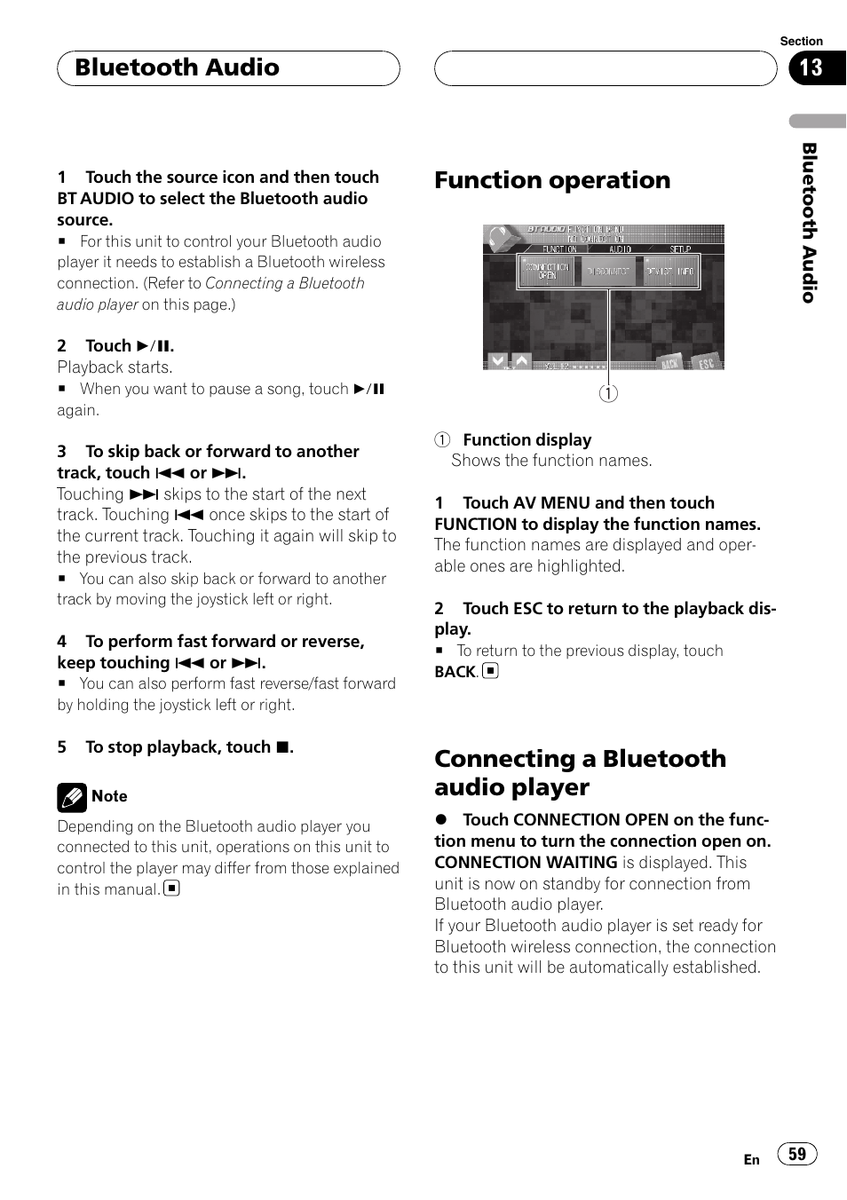 Function operation, Connecting a bluetooth audio player, Bluetooth audio | Pioneer AVH-P7800DVD User Manual | Page 59 / 131