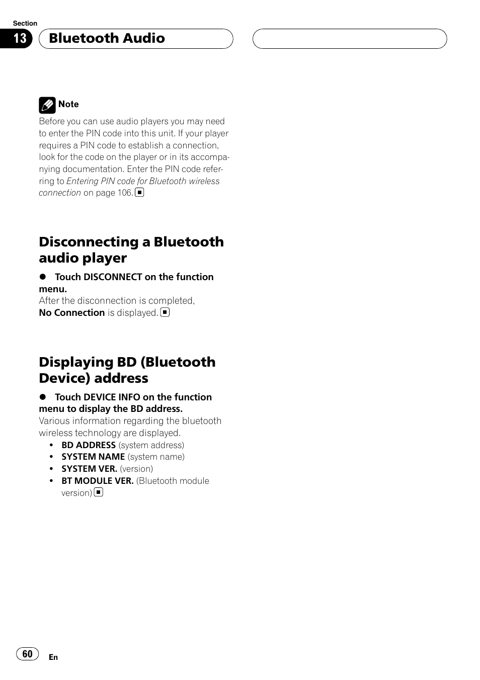 Disconnecting a bluetooth audio player, Displaying bd (bluetooth device), Address | Displaying bd (bluetooth device) address, Bluetooth audio | Pioneer AVH-P7800DVD User Manual | Page 60 / 131