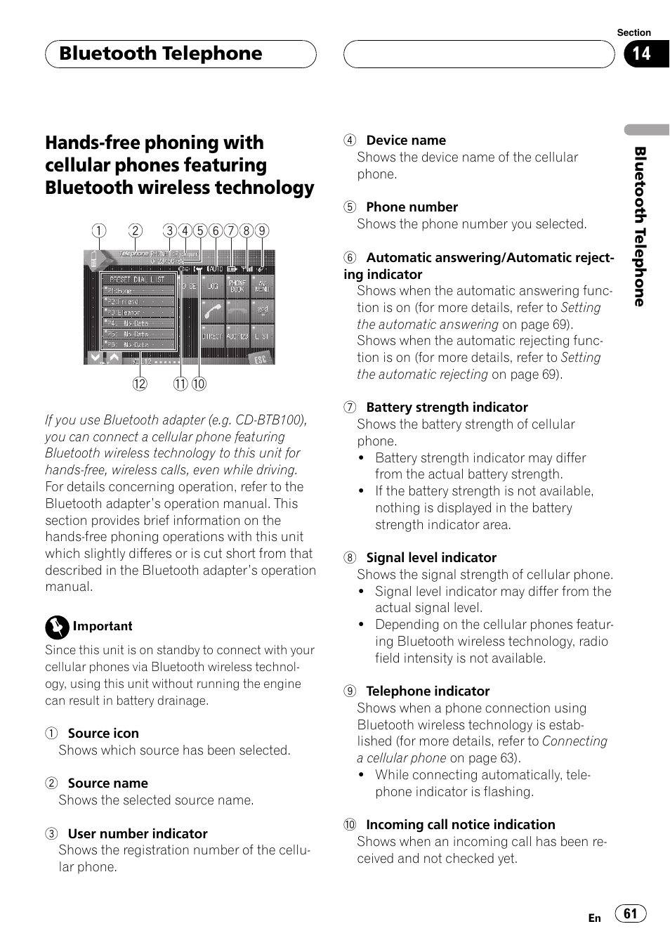 Featuring bluetooth wireless technology, Bluetooth telephone | Pioneer AVH-P7800DVD User Manual | Page 61 / 131
