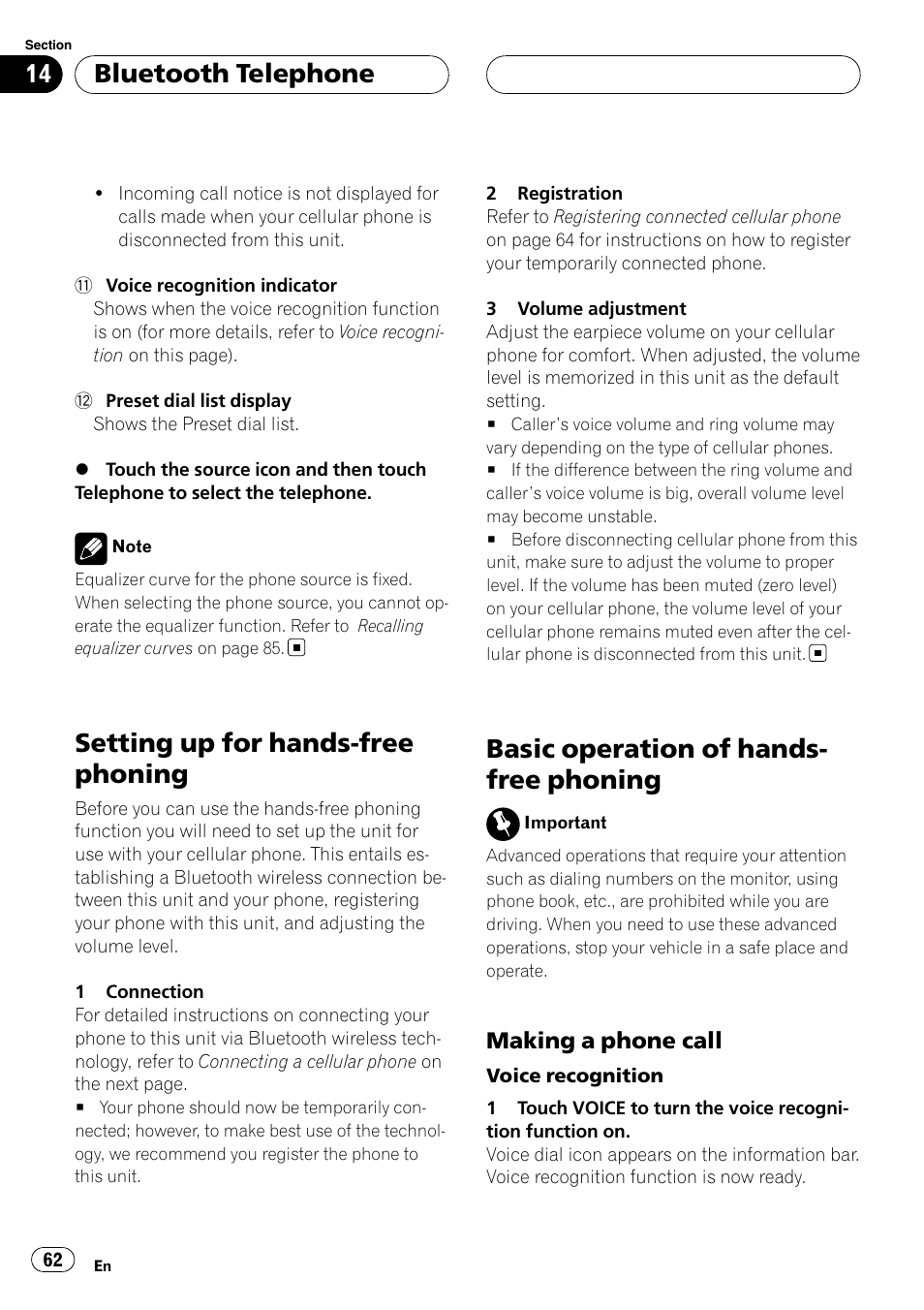 Setting up for hands-free phoning, Basic operation of hands-free phoning, Basic operation of hands- free phoning | Bluetooth telephone, Making a phone call | Pioneer AVH-P7800DVD User Manual | Page 62 / 131