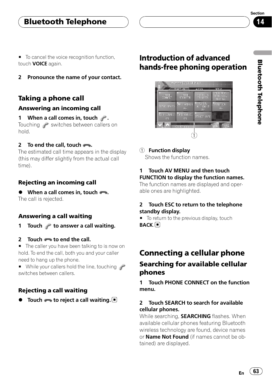 Introduction of advanced hands-free phoning, Operation, Connecting a cellular phone | Bluetooth telephone | Pioneer AVH-P7800DVD User Manual | Page 63 / 131
