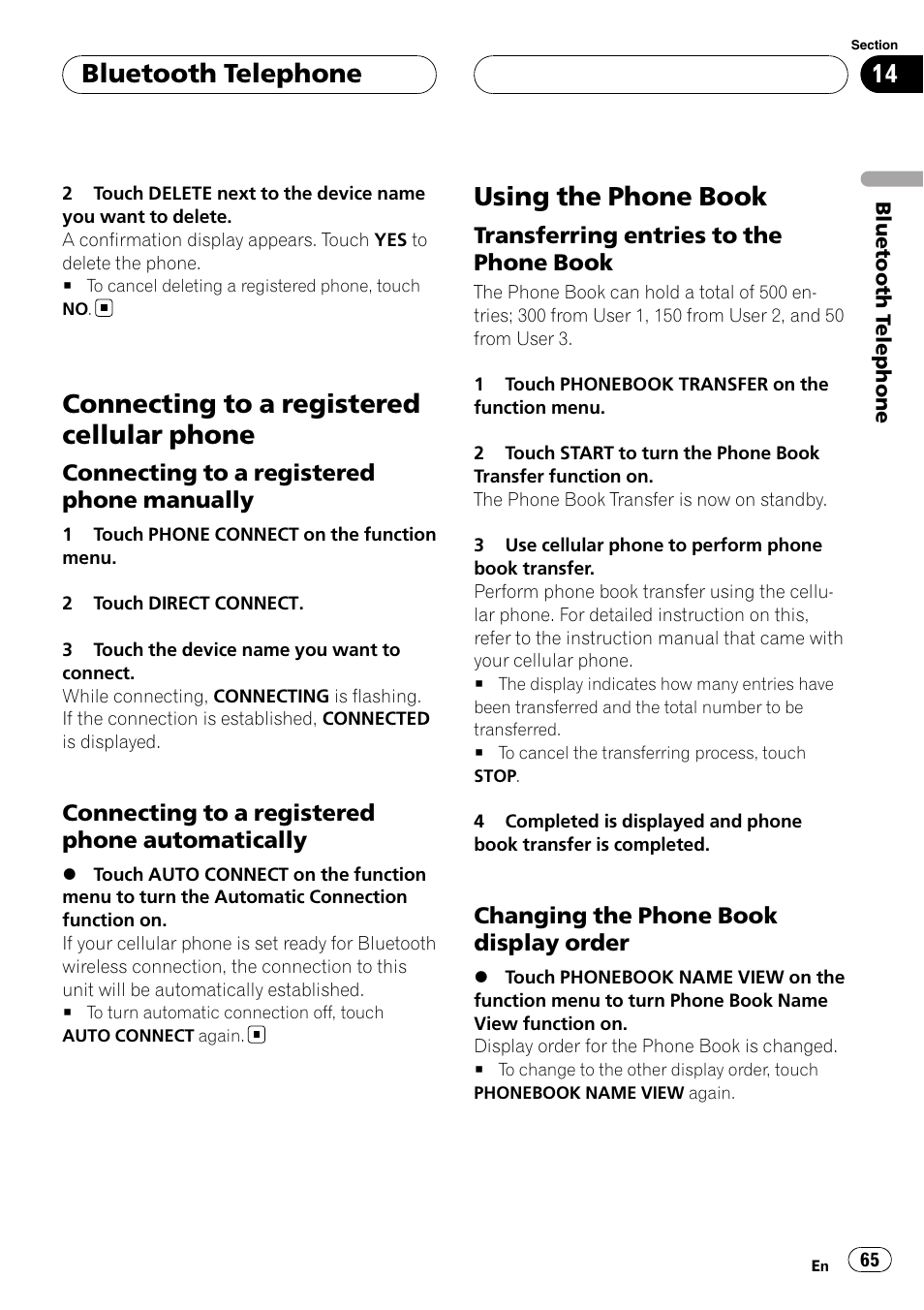 Connecting to a registered cellular, Phone, Using the phone book | Connecting to a registered cellular phone, Bluetooth telephone | Pioneer AVH-P7800DVD User Manual | Page 65 / 131