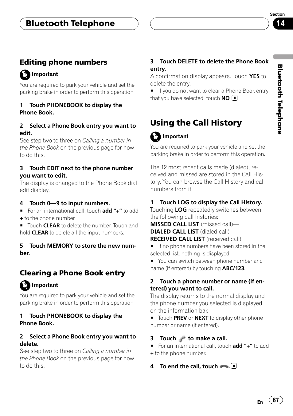 Using the call history, Bluetooth telephone, Editing phone numbers | Clearing a phone book entry | Pioneer AVH-P7800DVD User Manual | Page 67 / 131