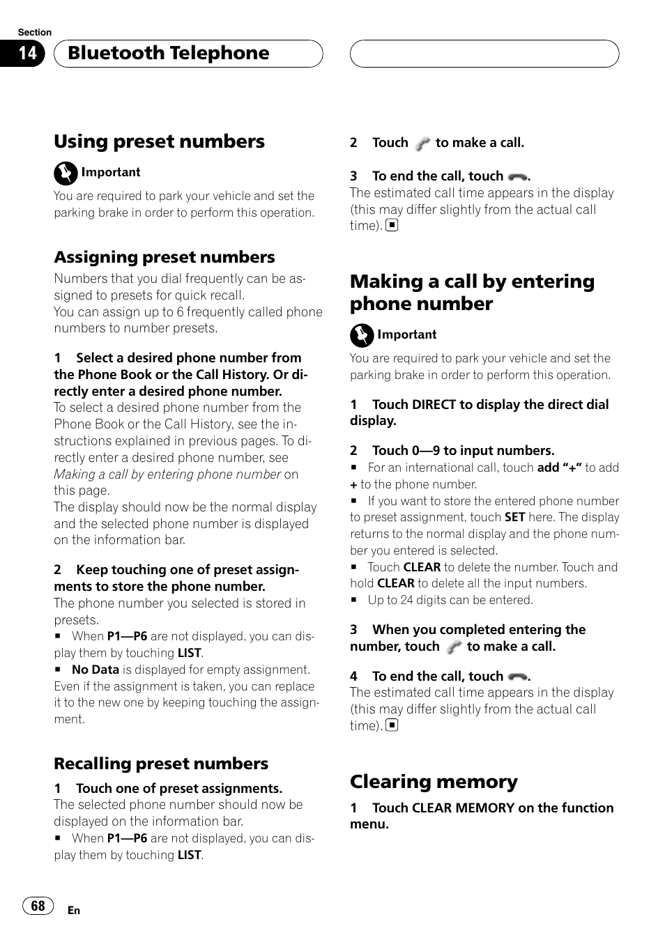 Using preset numbers, Making a call by entering phone number, Clearing memory | Bluetooth telephone, Assigning preset numbers, Recalling preset numbers | Pioneer AVH-P7800DVD User Manual | Page 68 / 131