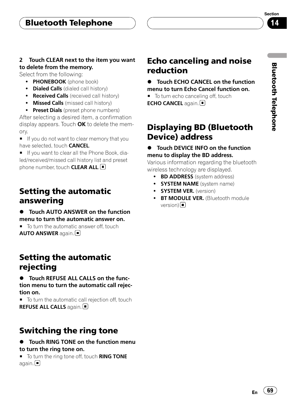 Setting the automatic answering, Setting the automatic rejecting, Switching the ring tone | Echo canceling and noise reduction, Displaying bd (bluetooth device), Address, Displaying bd (bluetooth device) address, Bluetooth telephone | Pioneer AVH-P7800DVD User Manual | Page 69 / 131