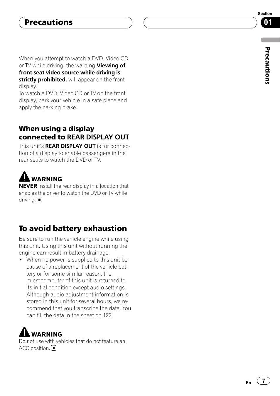 To avoid battery exhaustion, Precautions | Pioneer AVH-P7800DVD User Manual | Page 7 / 131
