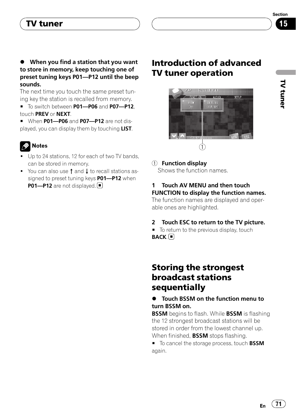 Introduction of advanced tv tuner, Operation, Storing the strongest broadcast stations | Sequentially, Introduction of advanced tv tuner operation, Tv tuner | Pioneer AVH-P7800DVD User Manual | Page 71 / 131