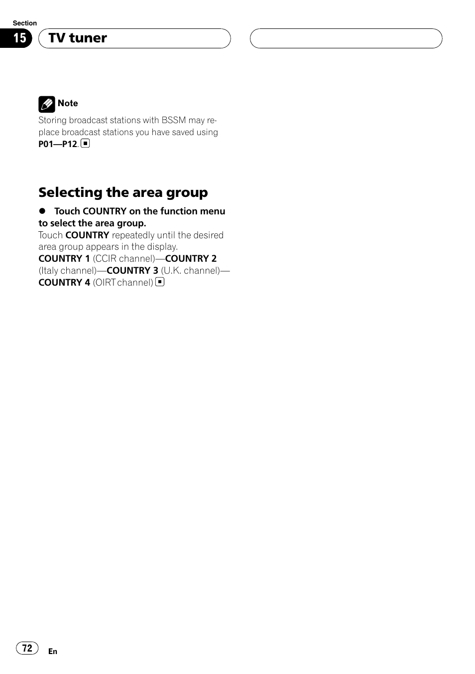 Selecting the area group, Tv tuner | Pioneer AVH-P7800DVD User Manual | Page 72 / 131