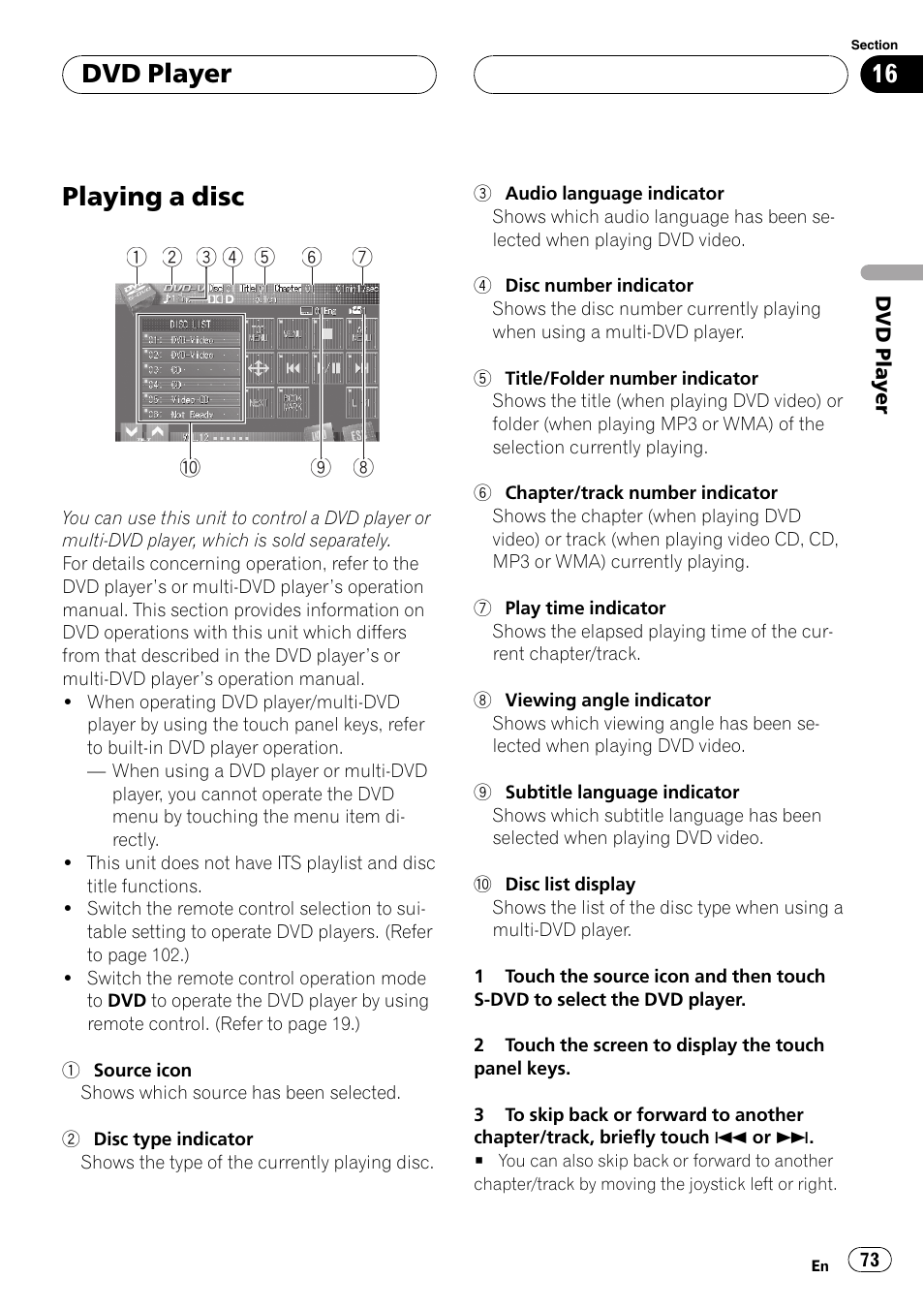 Dvd player playing a disc, Playing a disc, Dvd player | Pioneer AVH-P7800DVD User Manual | Page 73 / 131