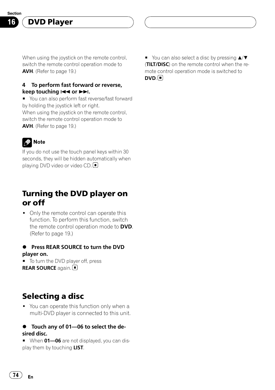 Turning the dvd player on or off, Selecting a disc, Dvd player | Pioneer AVH-P7800DVD User Manual | Page 74 / 131
