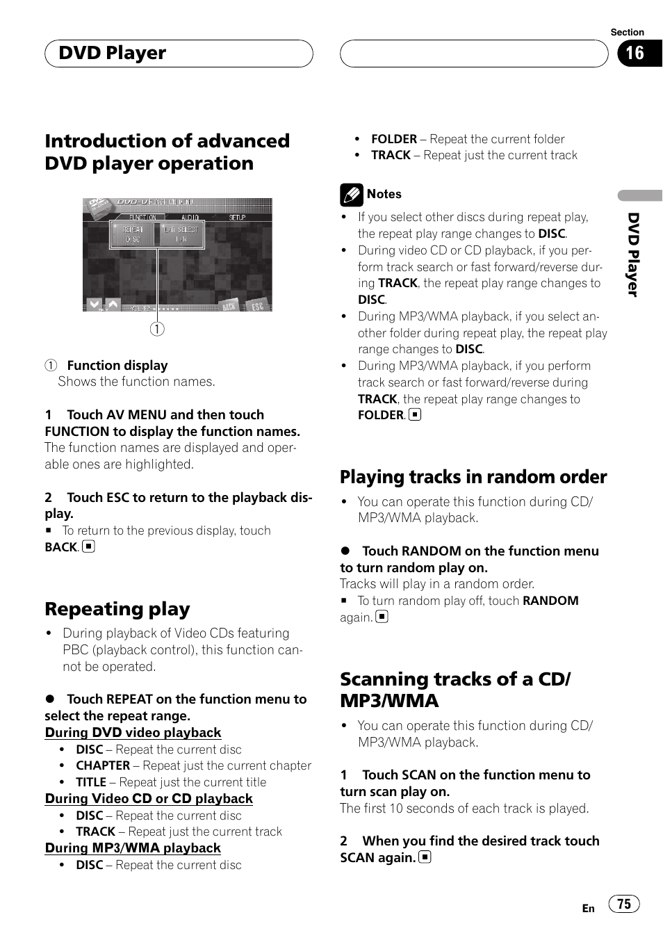 Introduction of advanced dvd player, Operation, Repeating play | Playing tracks in random order, Scanning tracks of a cd/mp3/wma, Introduction of advanced dvd player operation, Scanning tracks of a cd/ mp3/wma, Dvd player | Pioneer AVH-P7800DVD User Manual | Page 75 / 131