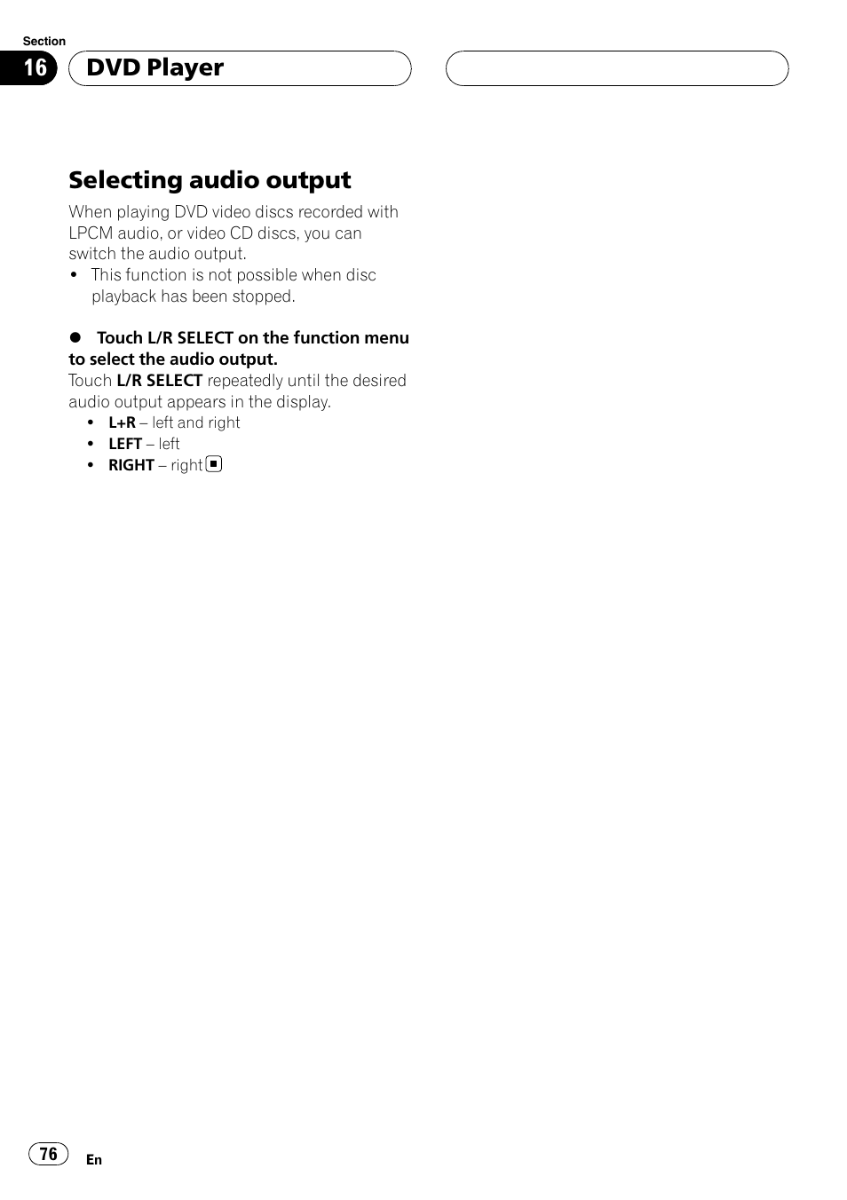 Selecting audio output, Dvd player | Pioneer AVH-P7800DVD User Manual | Page 76 / 131
