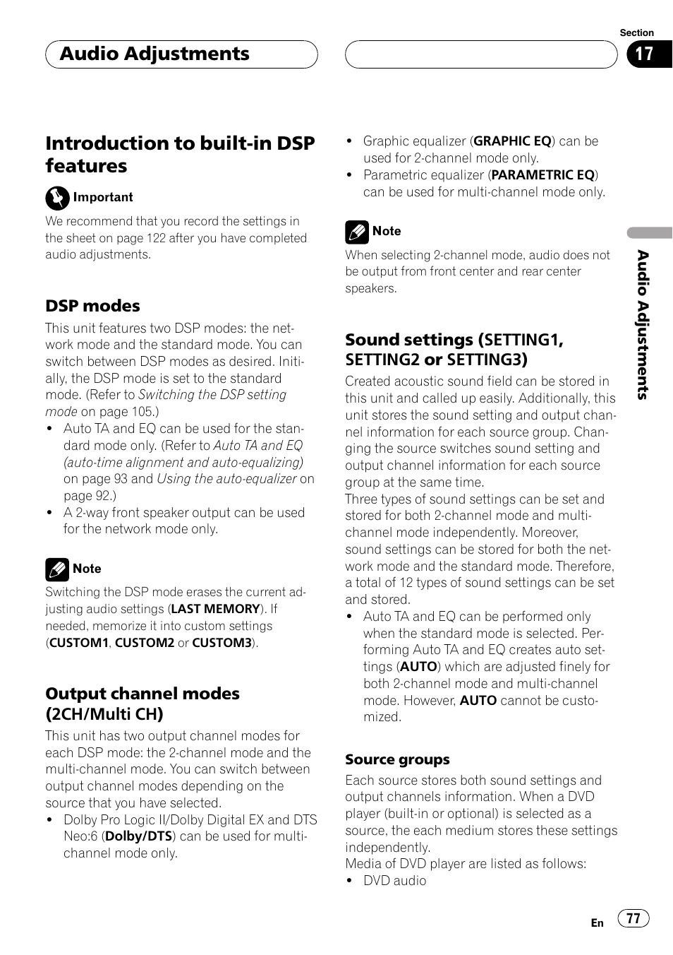 Introduction to built-in dsp features, Audio adjustments, Dsp modes | Output channel modes (2ch/multi ch), Sound settings (setting1, setting2 or setting3) | Pioneer AVH-P7800DVD User Manual | Page 77 / 131