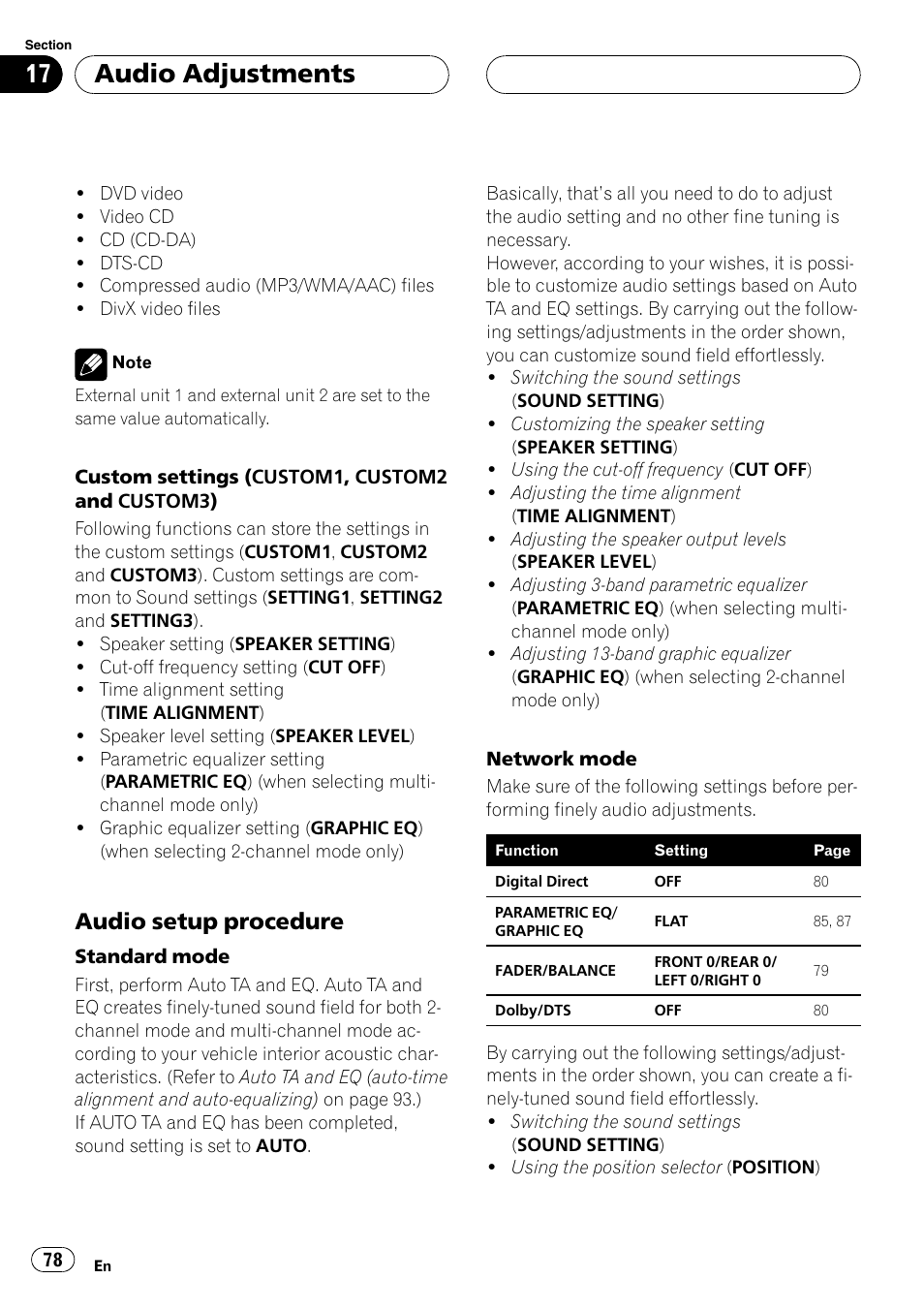 Audio adjustments, Audio setup procedure | Pioneer AVH-P7800DVD User Manual | Page 78 / 131