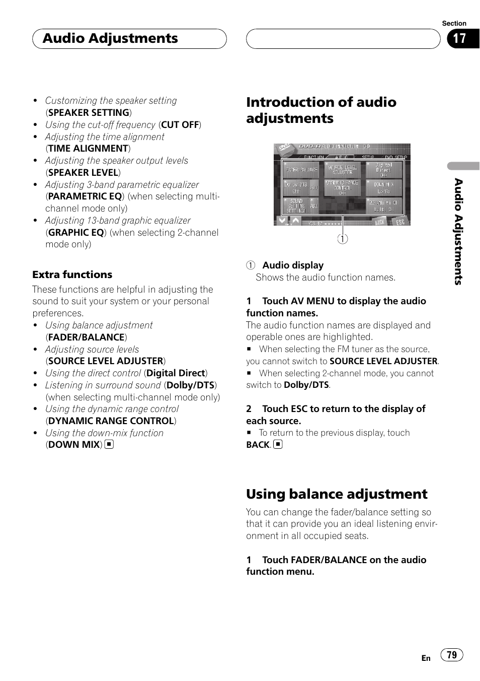 Introduction of audio adjustments, Using balance adjustment, Audio adjustments | Pioneer AVH-P7800DVD User Manual | Page 79 / 131