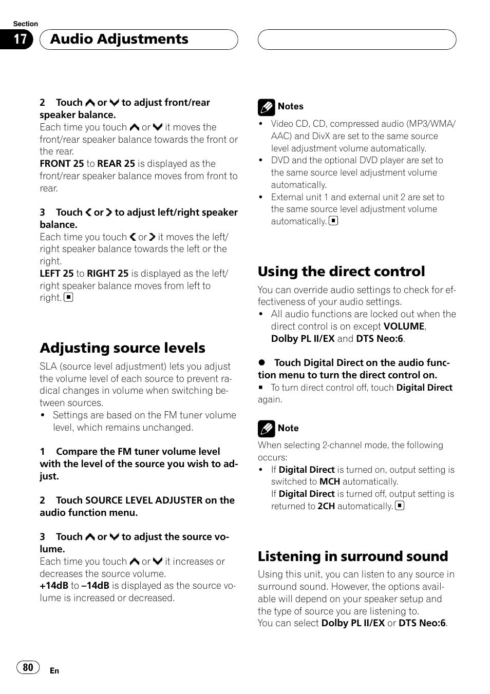 Adjusting source levels, Using the direct control, Listening in surround sound | Audio adjustments | Pioneer AVH-P7800DVD User Manual | Page 80 / 131