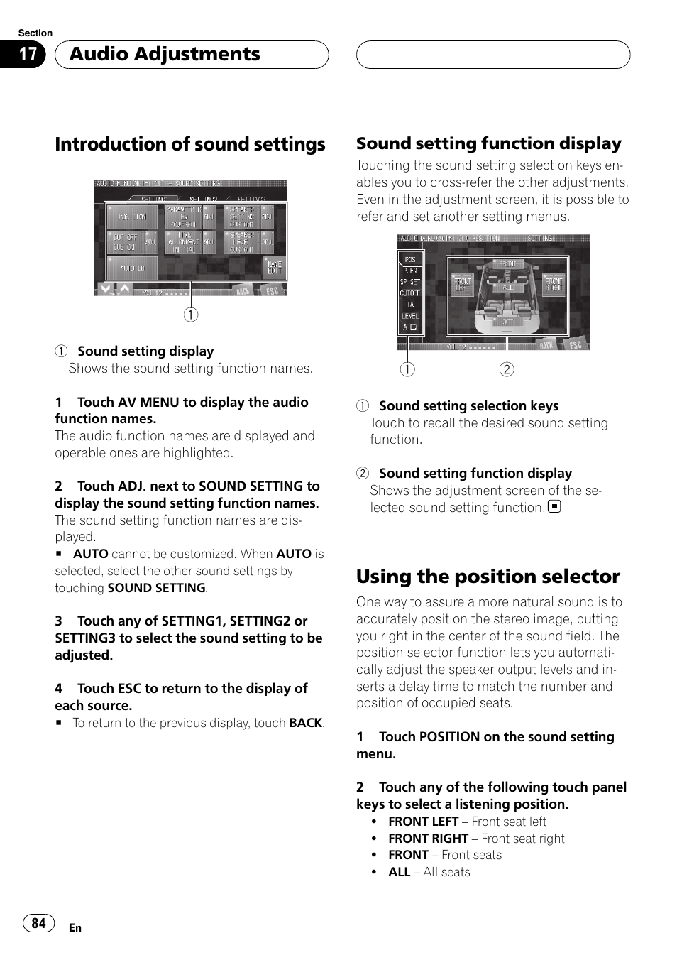 Introduction of sound settings, Using the position selector, Audio adjustments | Pioneer AVH-P7800DVD User Manual | Page 84 / 131