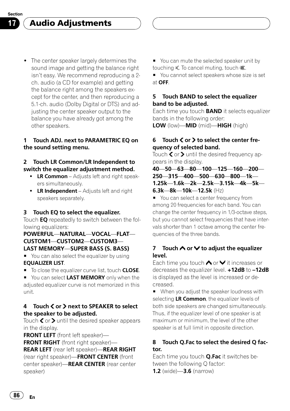 Audio adjustments | Pioneer AVH-P7800DVD User Manual | Page 86 / 131