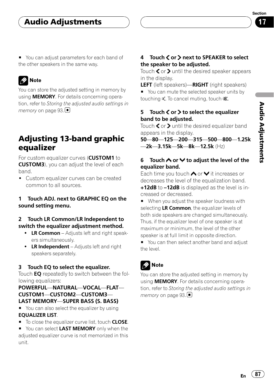 Adjusting 13-band graphic equalizer, Audio adjustments | Pioneer AVH-P7800DVD User Manual | Page 87 / 131