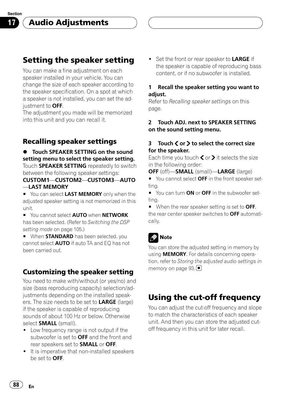 Setting the speaker setting, Using the cut-off frequency, Customizing the speaker setting | Audio adjustments, Recalling speaker settings | Pioneer AVH-P7800DVD User Manual | Page 88 / 131
