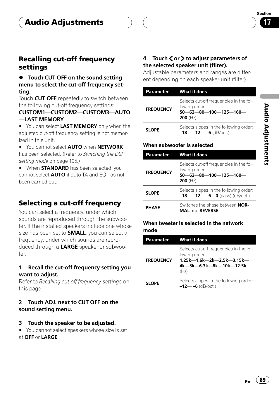 Audio adjustments, Recalling cut-off frequency settings, Selecting a cut-off frequency | Pioneer AVH-P7800DVD User Manual | Page 89 / 131