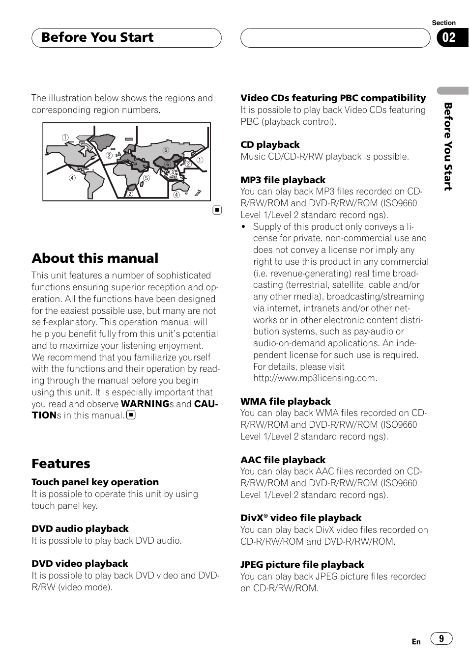 About this manual, Features, Before you start | Pioneer AVH-P7800DVD User Manual | Page 9 / 131