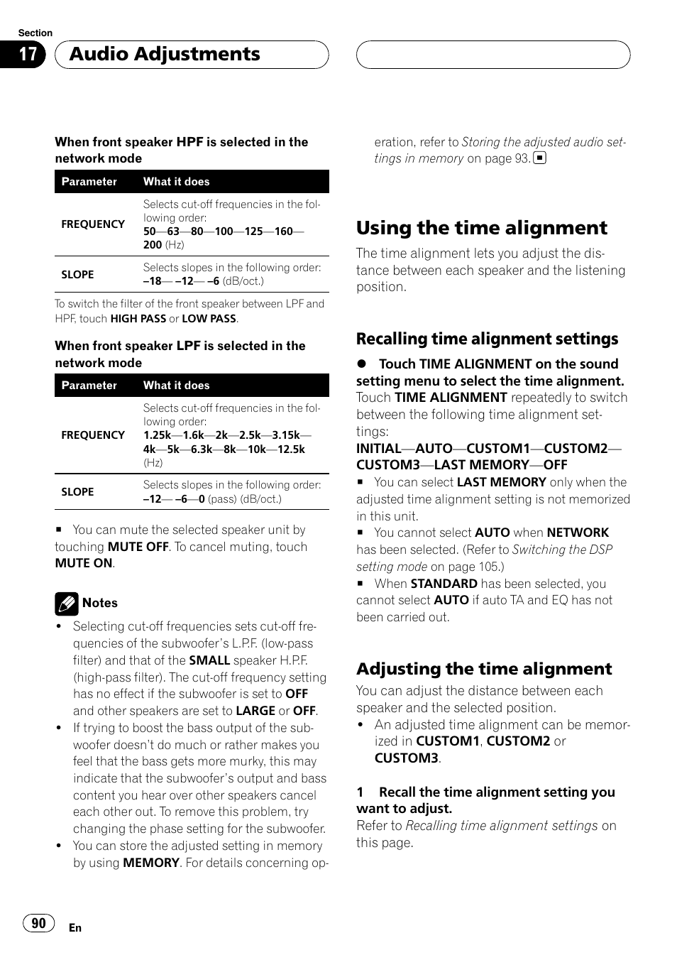 Using the time alignment, Adjusting the time alignment, Audio adjustments | Recalling time alignment settings | Pioneer AVH-P7800DVD User Manual | Page 90 / 131