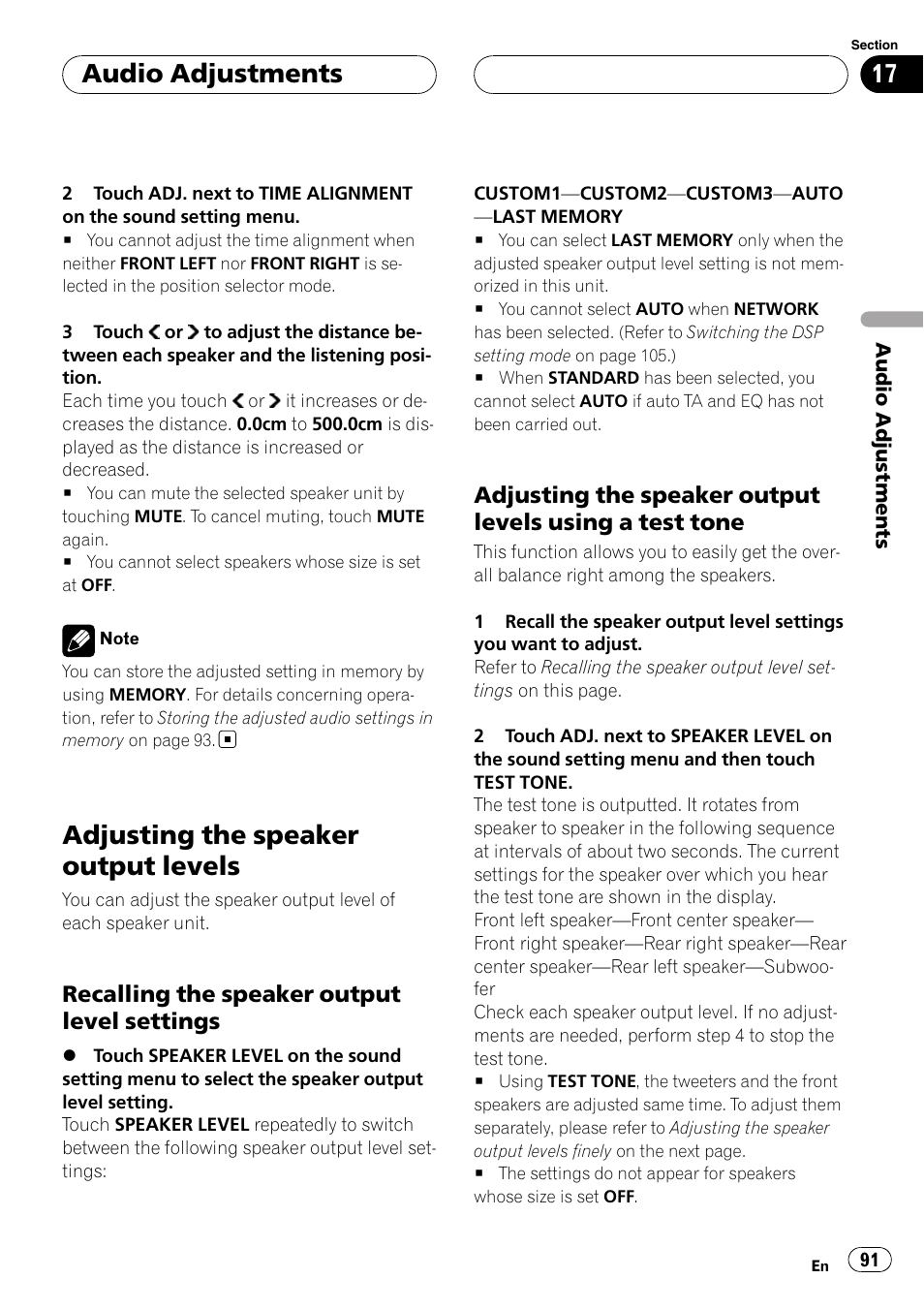 Adjusting the speaker output levels, Audio adjustments, Recalling the speaker output level settings | Pioneer AVH-P7800DVD User Manual | Page 91 / 131