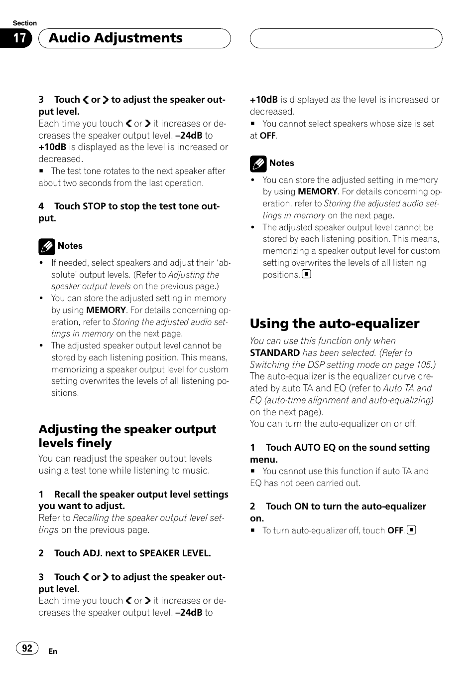 Using the auto-equalizer, Audio adjustments, Adjusting the speaker output levels finely | Pioneer AVH-P7800DVD User Manual | Page 92 / 131