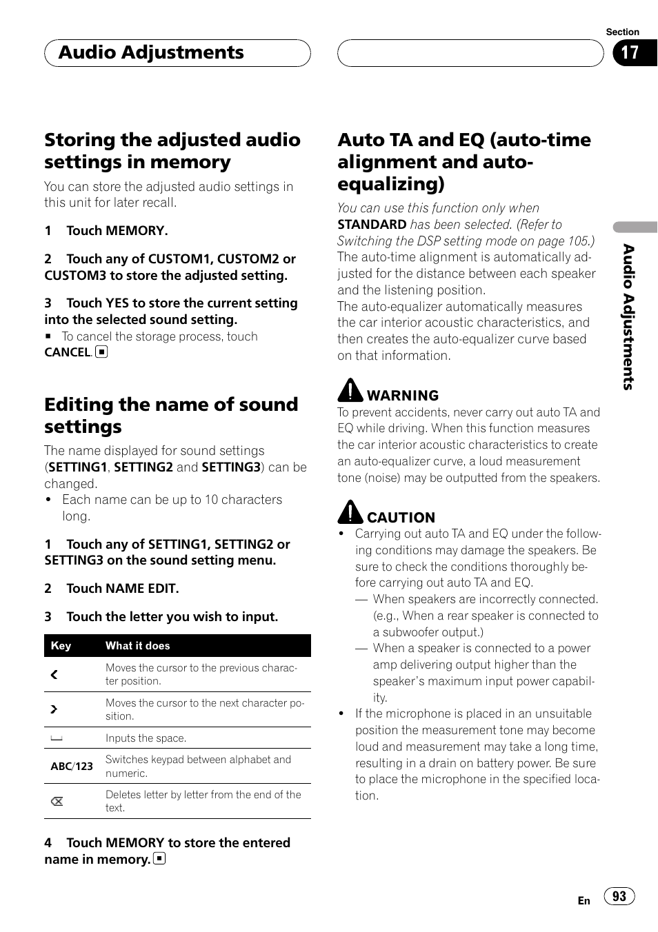 Storing the adjusted audio settings in, Memory, Editing the name of sound settings | Auto ta and eq (auto-time alignment and, Auto-equalizing), Audio adjustments | Pioneer AVH-P7800DVD User Manual | Page 93 / 131