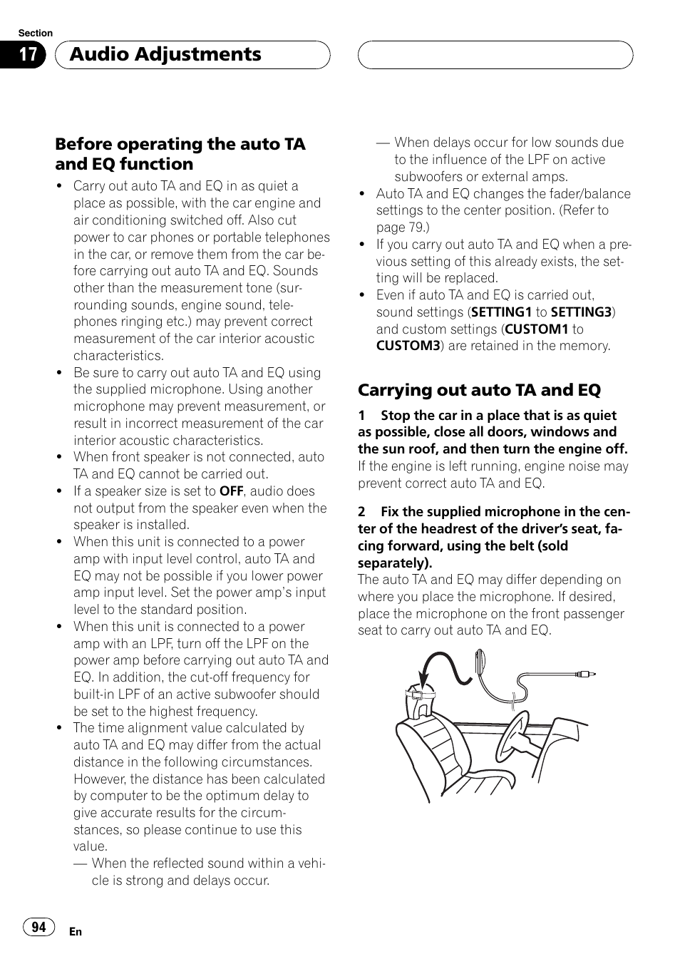 Audio adjustments, Before operating the auto ta and eq function, Carrying out auto ta and eq | Pioneer AVH-P7800DVD User Manual | Page 94 / 131