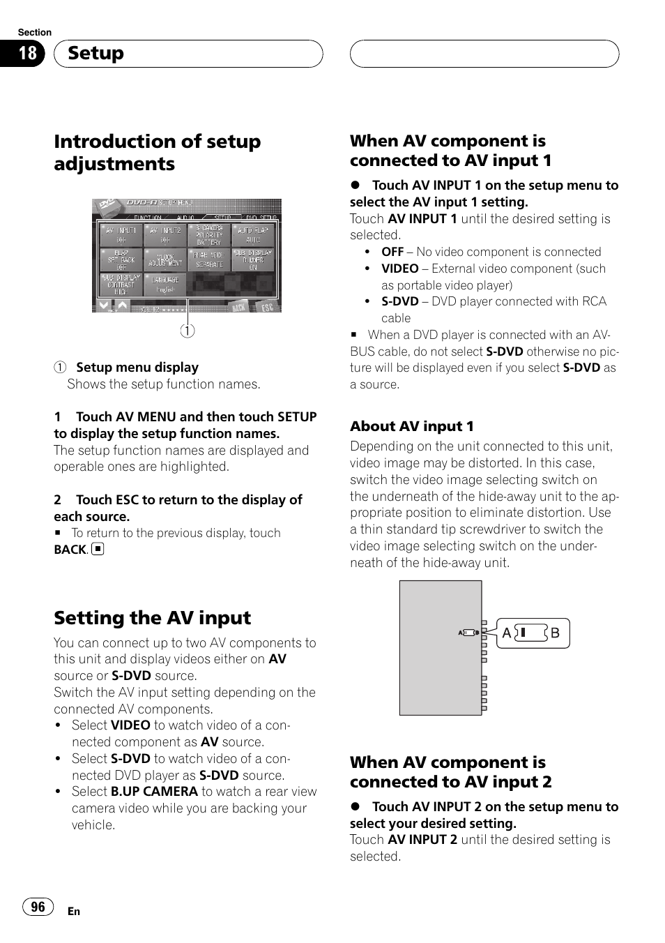Setup introduction of setup adjustments, Setting the av input, Introduction of setup adjustments | Setup | Pioneer AVH-P7800DVD User Manual | Page 96 / 131