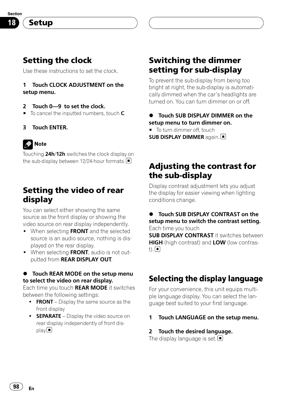 Setting the clock, Setting the video of rear display, Switching the dimmer setting for sub | Display, Adjusting the contrast for the sub, Selecting the display language, Switching the dimmer setting for sub-display, Adjusting the contrast for the sub-display, Setup | Pioneer AVH-P7800DVD User Manual | Page 98 / 131