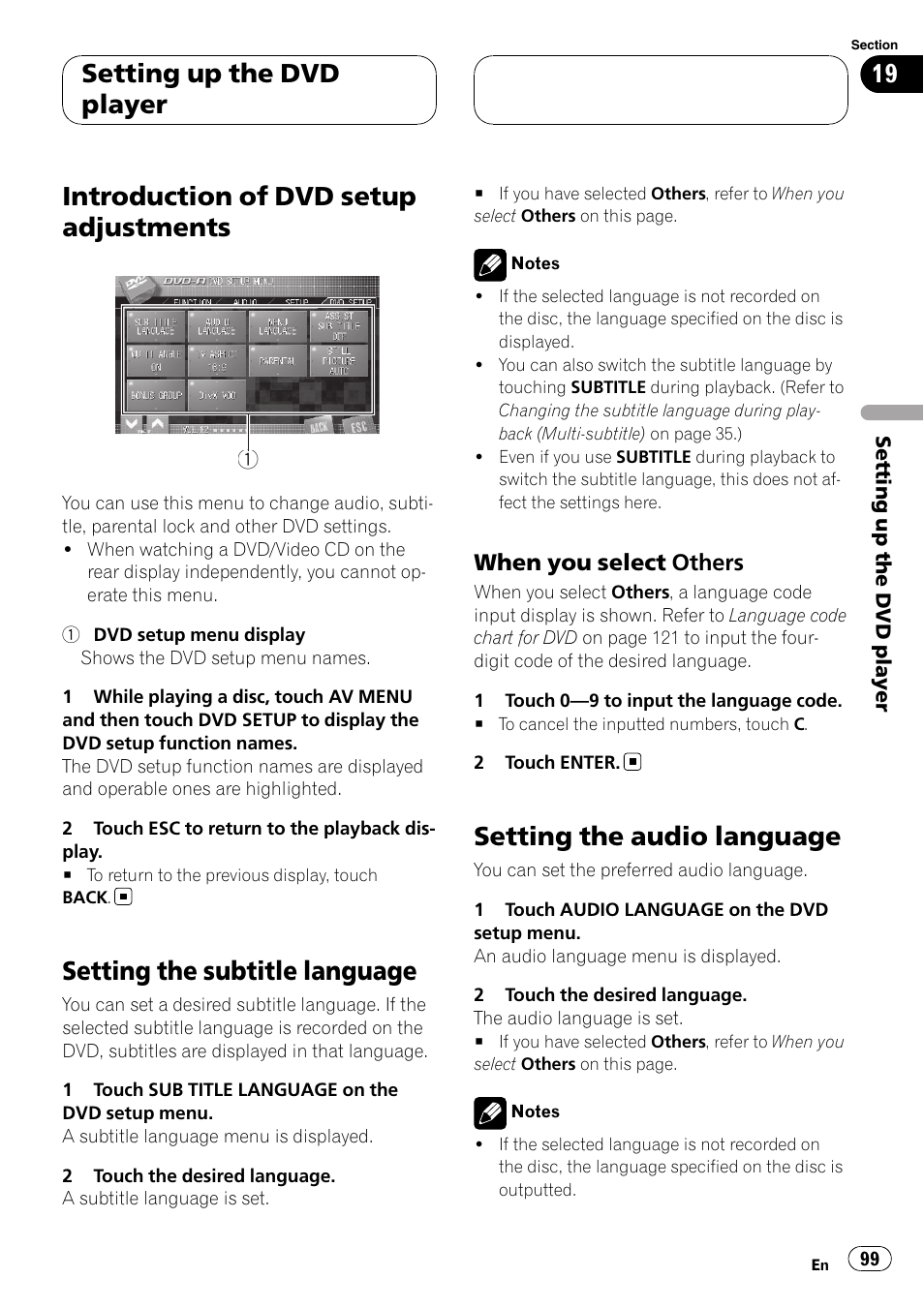 Setting the subtitle language, Setting the audio language, Introduction of dvd setup adjustments | Setting up the dvd player, When you select others | Pioneer AVH-P7800DVD User Manual | Page 99 / 131