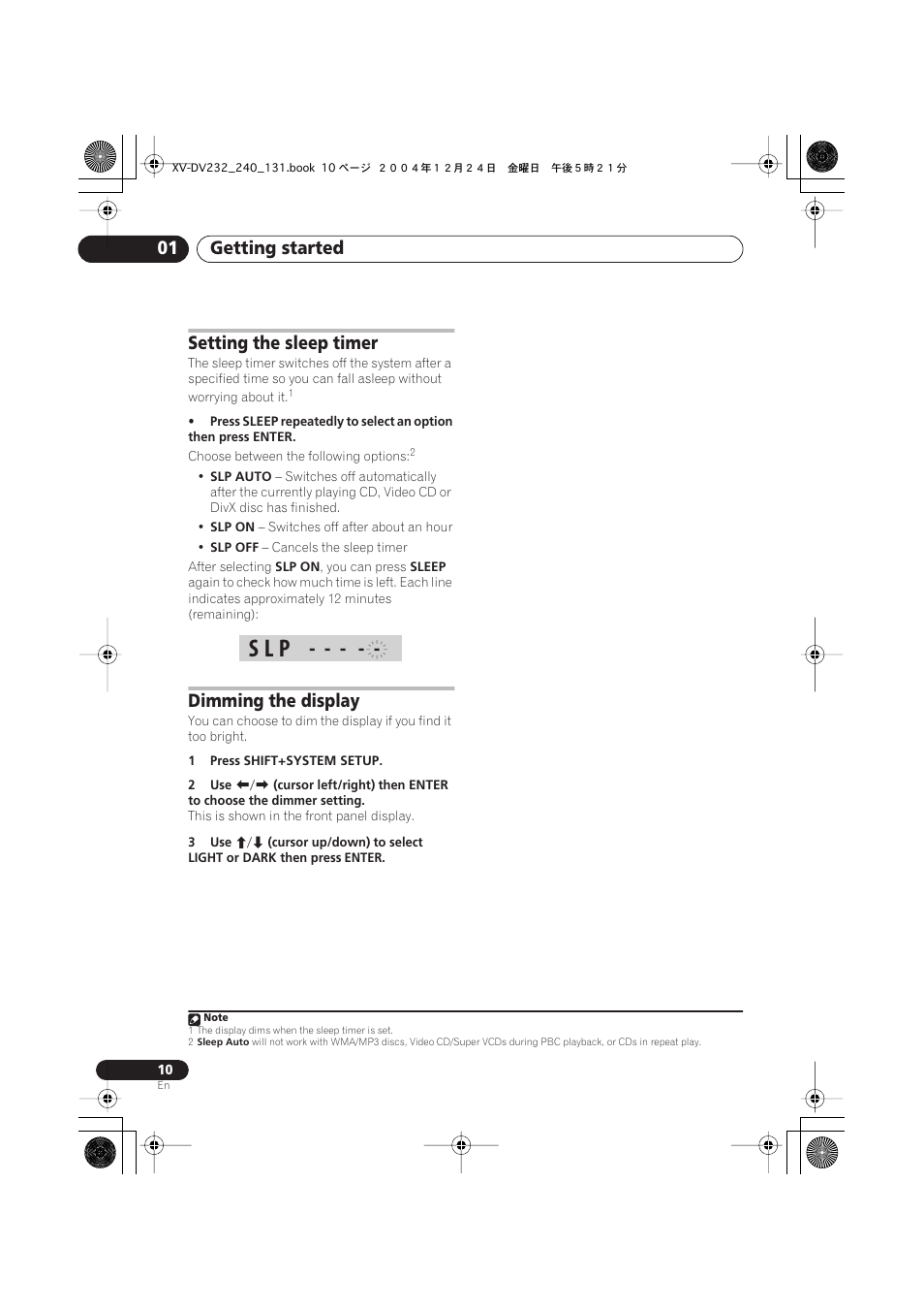 S l p, Getting started 01, Setting the sleep timer | Dimming the display | Pioneer DCS-240 User Manual | Page 10 / 44